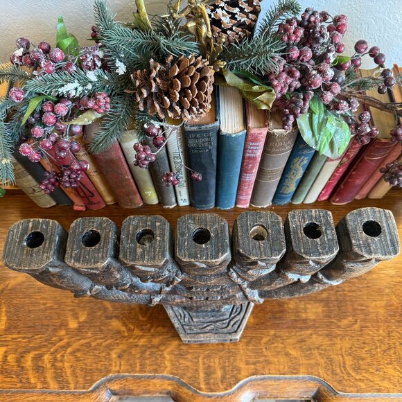 Vintage Large Carved Wood 7 Branch Menorah/Candelabra Signed - Picture 7 of 17